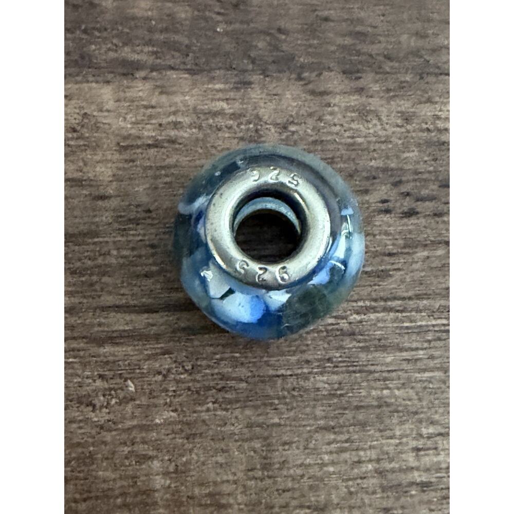 925 Sterling Silver Retro Slide Charm Murano Glass Bubble Bead Blue White Flower - Picture 3 of 4